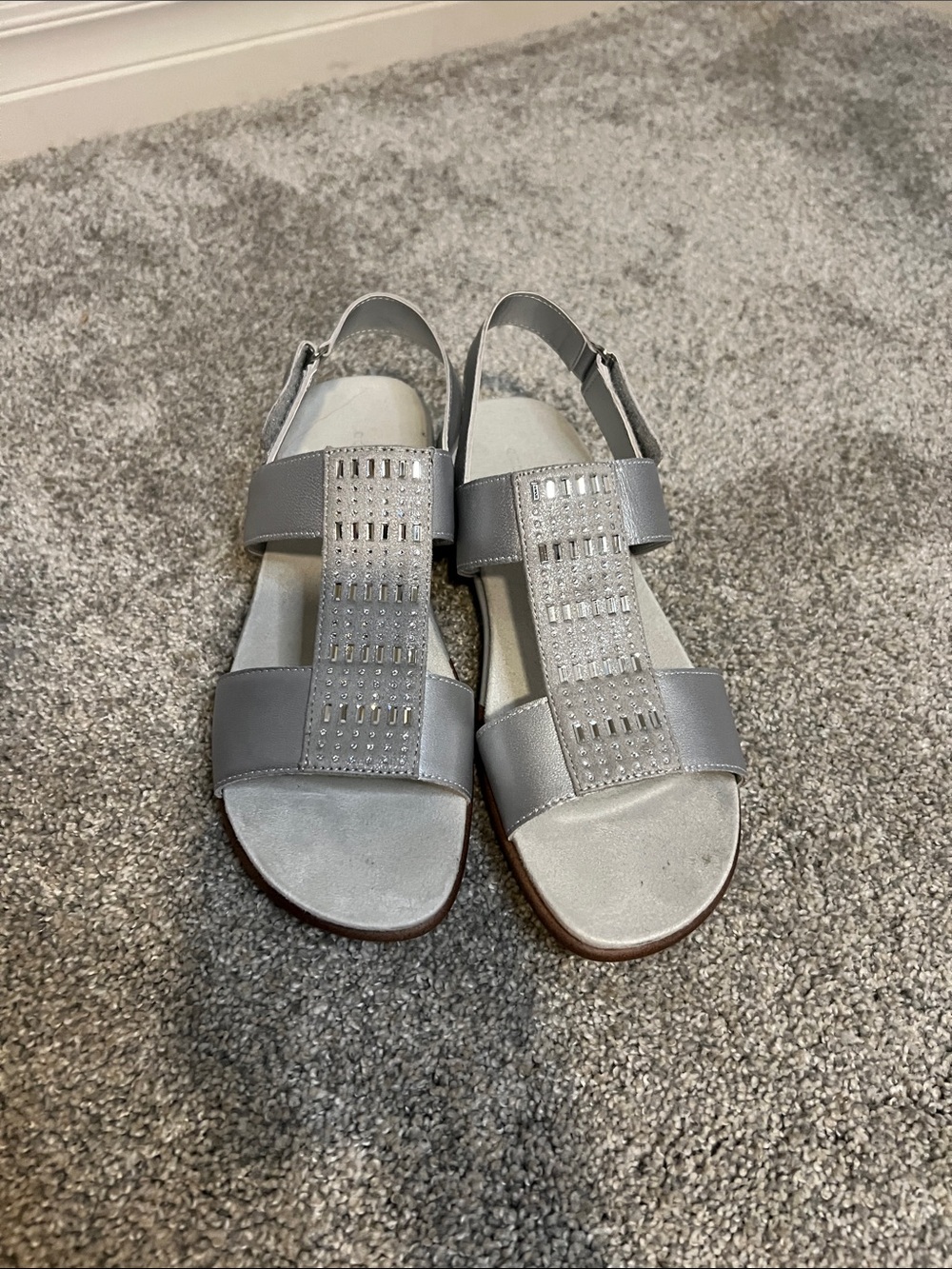 Comfort Slingback Sandals in Silver with Embellished T-Strap